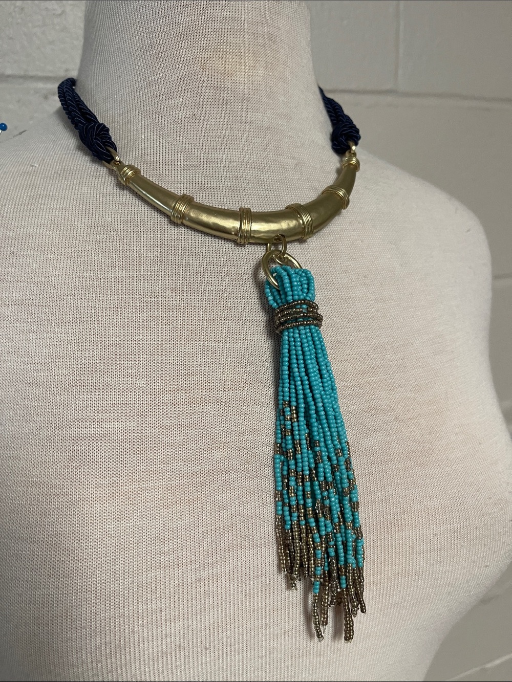 Chico's Navy Rope & Turquoise Beaded Tassel Necklace with Gold Accents